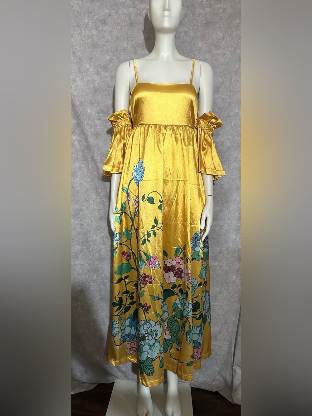 Alemais Dana ✨ INSPIRED ✨ remake
Yellow Satin Floral Off-Shoulder Maxi Dress